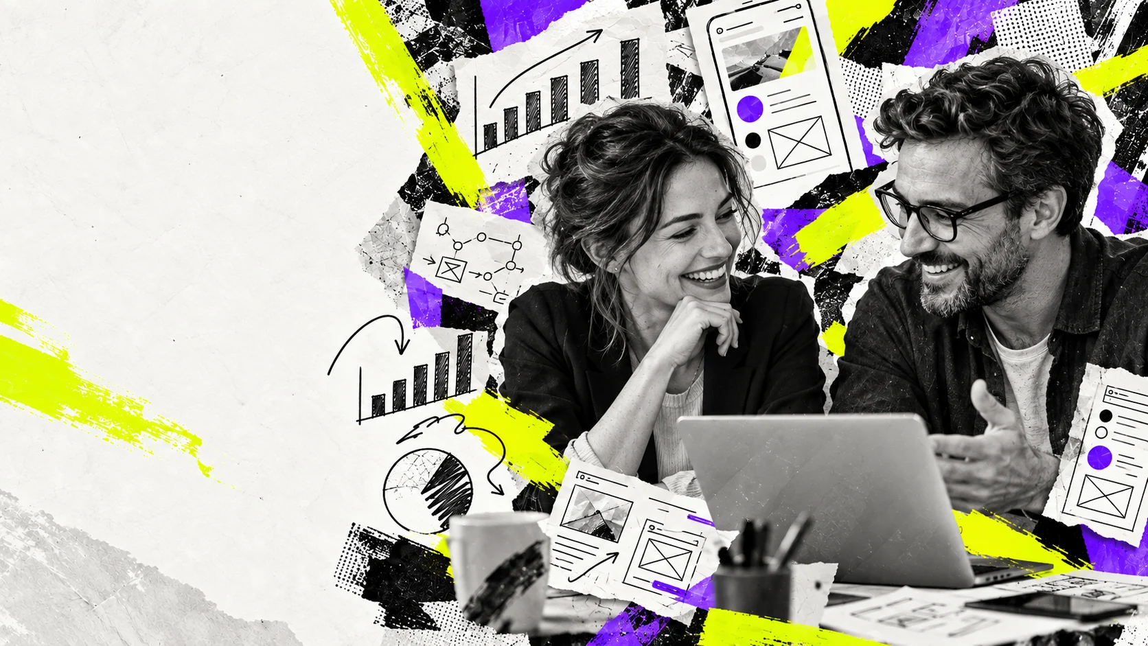 Ilustračná koláž ľudí pri spoločnom úspechu, digitálneho projektu a pracovných skíc